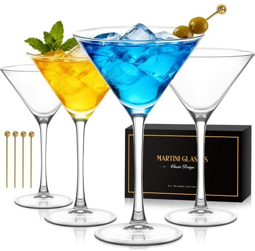 RACOBOT Martini Glasses Set of 4, Classic Crystal Glass Cocktail Glasses with Golden Cocktail Picks & Exquisite Box, Clear Hand Blown Coupe Glasses for Drink, Martini, Espresso Martini, Home Bar