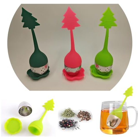Furforstk infusor de te 3 piezas infusionador con platillo filtro te, infusor, mango de silicona, filtro de acero inoxidable, tea infuser para té suelto y especias para calentar (árbol de Navidad)