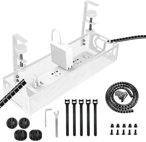Qcdou Under Desk Cable Management Tray White, No Drill, Metal Mesh Cable Management Under Desk tray, Wire Organiser, Cable Trunking with Clamp Mount, Cable Storage Box, for Office Home Kitchens