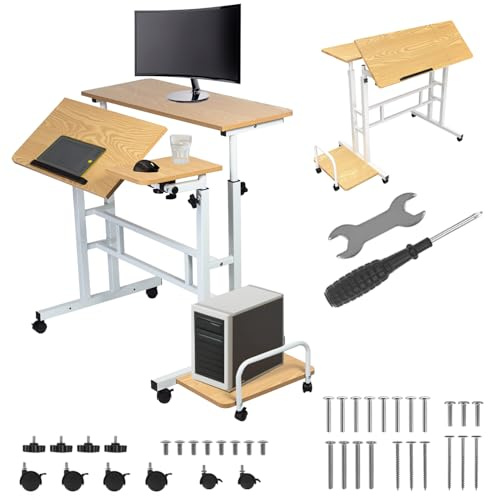 Maclean MC-124 Mobiler Verstellbarer Laptop-Tisch | Höhenverstellbarer Schreibtisch 67-115 cm | Große Arbeitsfläche 80x60 cm | Mit Seitenablage & 6 Rollen (Weiß/helles Holz)