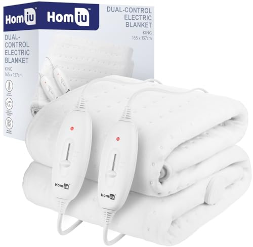 Homiu King Size Electric Blanket | Dual Control Premium Heated Fitted Mattress Underblanket Cover Bed Warmer Pad | 3 Heating Settings & Machine Washable | Overheat Protection Auto Shut | 137 X 165cm