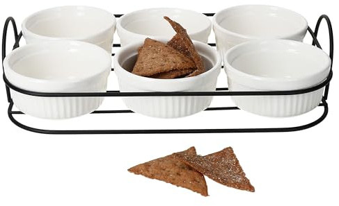 MamboCat Bianca Lot de 6 bols avec panier en métal - 6 bols en porcelaine blanche de 60 ml et 1 panier de service noir avec poignée - Idéal pour tapas, sauces et antipasti - Plateau de service