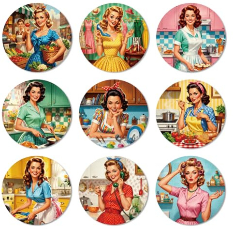 ANATTASOUL Vintage Woman Wood Coasters Set of 9 for Coffee Table | Home Decor,3.9 Round,Vintage,Colorful Wooden Cup Mat,Funny Desk Coasters,for Apartment,Office,Bar,Kitchen,Gifts
