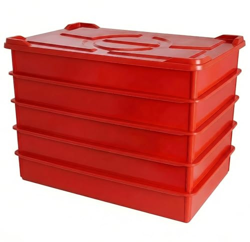 EASYROSE 5 Pack Stackable Pizza Dough Proofing Box with Lid, 60 x 40 x 9.5cm Plastic Dough Tray Container, Commercial Bread Proofing Boxes - Red (5 Trays + 1 Lid)