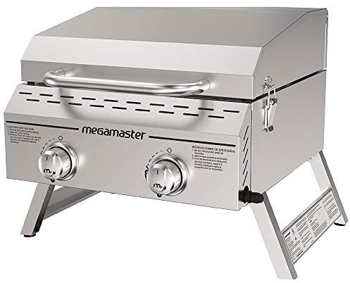 Megamaster Griglia a gas portatile a 2 fuochi in acciaio inox con coperchio integrato, 16.000 BTU, gambe pieghevoli, piccola griglia a propano per cucinare all'aperto, campeggio, tailgating, patio e