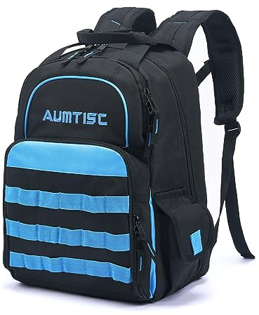 AUMTISC Zaino per attrezzi da elettricista, borsa per attrezzi resistente e durevole, porta attrezzi per tecnico con organizer multitasche blu