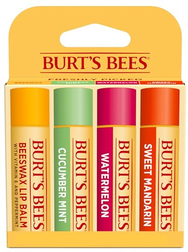 Burt's Bees Lip Balm - Original Beeswax, Cucumber Mint, Watermelon & Sweet Mandarin, With Responsibly Sourced Beeswax, Tint-Free, Natural Origin Treatment, 4 Tubes, 0.15 oz.