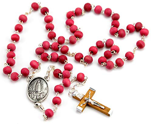Rosario VIRGEN DE FATIMA con Cuentas Aromáticas con Olor a Rosa, Cruz de Madera, y bolsa estampada con imágenes de la Virgen María. Convertible en collares mujer. Rosario aroma de rosa VF