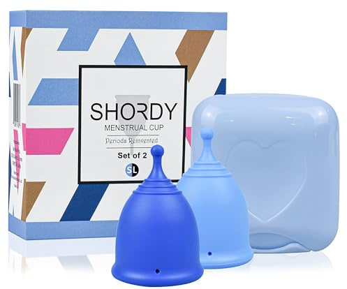 SHORDY Menstrual Cups Set of 2 (Small + Large) with Box | Flexible Coupe Menstruelle & Coupe Périodique | Jusqu'à 12 Heures de Protection Alternative Écologique aux Tampons, Disques, Serviettes (Bleu)