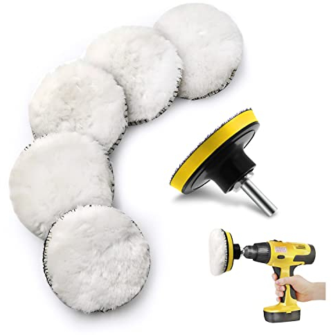 5 Stück Polierpad,Auto Polierhaube 80mm,Lammwollhaube,Lammfell pad,Polierset Set mit Pad Polierscheibe und M10 Bohradapter für Auto Polierauto