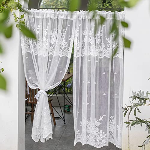 Weiße Spitze Vorhang für Cafe Küche,Floral Bestickt Halb Schiere Voile Vorhänge für Wohnzimmer Schlafzimmer Balkon, 2 Panels (Size : WxH 150x125cm/59x49inch)