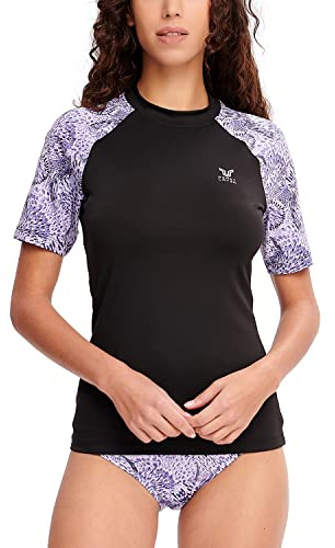 HUGE SPORTS Damen Rashguard Kurzarm Sonnenschutz Schwimmshirt Schnell Trocknend Surf Sport T-Shirt (Schwarz,M)
