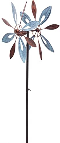 Kinetic Art Windspiel Metall Windrad kugelgelagert - Windmühle inkl. Bodenanker wetterfest standfest ideal für Terrasse und Garten (Copper Flower, Duett)