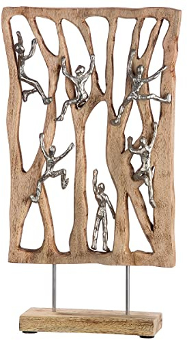 GILDE - Deko Skulptur XL Climbing Wall - großes Dekoobjekt aus Holz mit Figuren aus Aluminium - Höhe 54 cm Farbe: Natur Silber