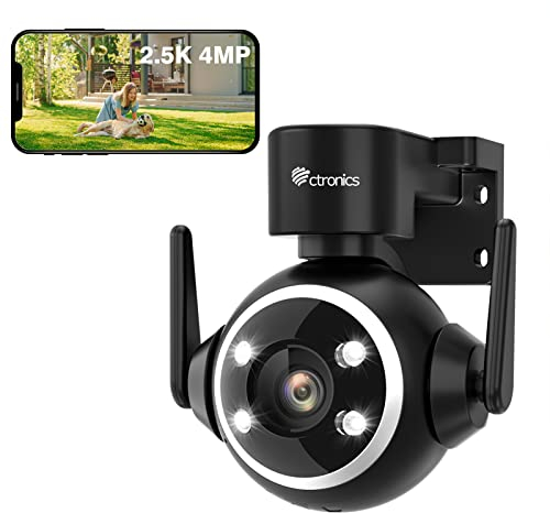 Ctronics 2.5K 4MP Telecamera Wi-Fi Esterno 2,4Ghz/5Ghz, PTZ Videocamera Sorveglianza Esterno 355°/90°, Visione Notturna a Colori 30M, Rilevamento Umano e Auto Tracking, Audio Bidirezionale, IP66