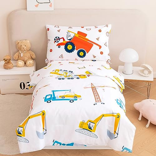 PERFEMET Kleinkind-Bettwäsche, Bagger-LKW-Muster, Kleinkindbett in einer Tasche für Jungen, bunt, leicht, wendbar, Cartoon-Traktoren, weißes Bett-Set für Kinder (weiß, LKW/Traktor), 4-teilig