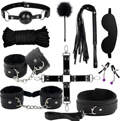 BDSM Set Sex Bondage Set Restraints Kit Adult SM Sex Toys10Pcs | Black Faux Leather Restraints HandCuffs Collar with Leash Nipple Clamps Fetish Whip Blindfold Ball Gag Cosplay For Couples