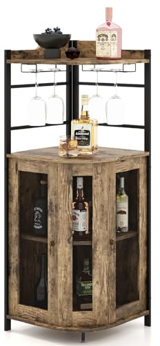 GIANTEX Weinschrank Eckschrank Industrial, Barschrank mit Glashalter, Weinbarschrank mit verstellbarem Regal, Küche Hausbar mit Metallgittertüren, Küchenschrank mit Kippschutz, 46 x 46 x 130 cm