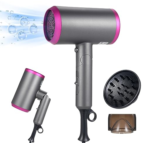 Secador pelo Profesional, Secador Pelo Viaje, Plegable Iónico Secador pelo, 1800 W, Motor AC, con Boquilla de Cabeza de Soplado, 3 Temperaturas, 2 Velocidades