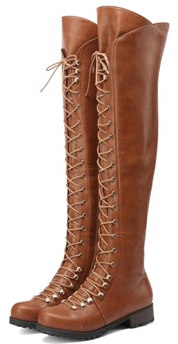 Wavyvigs Femmes Lacets Bottes Cuissardes for Femmes Talon Bas Long Stretch Bottes en Cuir with Side Fermeture éclairper Marron Taille Marquée 41