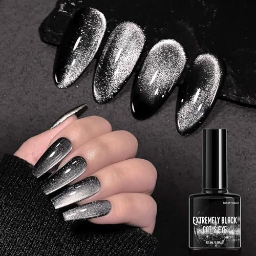 Cat Eye Gel Nail Polish, Black Glitter Magnetic Gel Nail Varnish, Holographic Sparkly Shimmer Crystal French Manicure Soak off UV/LED Lamp Nails Long Lasting Nail Art Manicure Salon DIY at Home