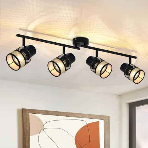Glitzerlife Deckenstrahler 4 Flammig Vintage Deckenleuchte Deckenspot | Schwarz LED Metall E27 330°Schwenkbar Deckenlampe Gold Stoffschirm für Wohnzimmer Schlafzimmer Küche Treppe Esszimmer Max.25W