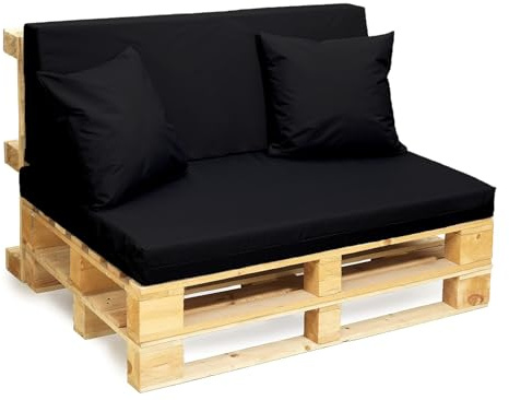 Euro Pallet Seat Pads with Cushions Set WATER-RESISTANT For Indoor & Outdoor Garden Furniture-(1 Seat 120cmx80cmx15cm, 1 Back Seat 120cmx40cmx10cm, 2 Cushion 18x18) (Complete 4 Pic Set, Black)