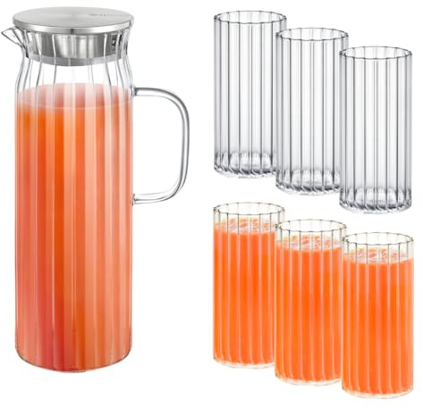 Wilmax | Glaskaraffe 1,5L mit 6 Wassergläser 300ml im Set | Deckel aus Edelstahl | Wasserkaraffe aus geriffeltem Glas | Wasserkrug für Saft, Wasser, Eistee, Milch | Glaskaraffe | Wasserkanne