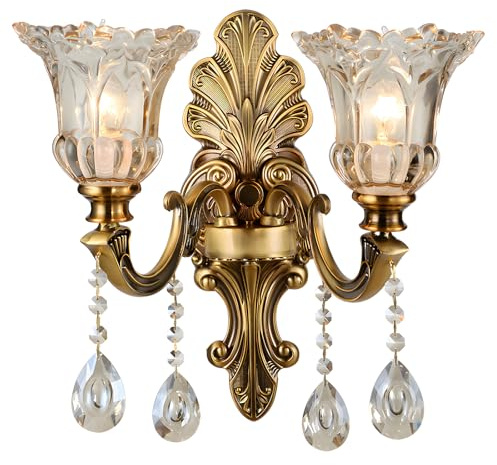 Vintage Floral Wall Mount Lamp 2 Head Crystal Glass Shade Wall Sconce Light Retro Golden Bronze Color Decoration Metal Wall Lamp, Bedside Living Room Restaurant Stairs Hotel Bars (E14 Base, No Bulb)