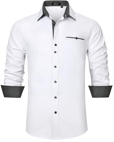 Enlision Camisas de vestir para hombre, de manga larga, formal, informal, corte recto, camisas con botones, blanco/negro, XXL