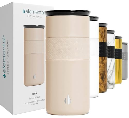 Elemental Artisan Triple Wall Insulated Tumbler – Stainless Steel Coffee Cup with Ceramic Lid – Thermal Travel Mug for Hot(6 Hrs) & Cold(18 Hrs) Drinks – Reusable Coffee Cups (Beige, 473 ml) | Triple Wall Coffee Travel Mug, Reusable Stainless Steel Coffee Tumbler; Thermal Coffee Cups for Hot (6 Hrs) & Cold (18 Hrs)