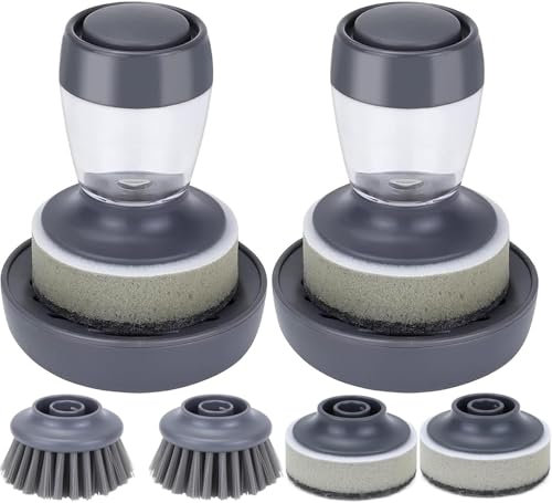 Spazzola per piatti con dispenser per detersivo, 2 spugne per lavastoviglie con dispenser per detersivo integrato, set di spazzole per la pulizia con 4 pezzi di ricambio per piatti, pentole, pentole,
