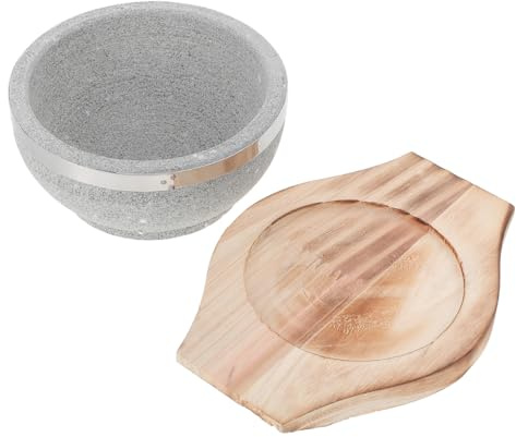 STOBAZA Bol coréen en pierre avec plateau en bois 19,9 x 12,51 x 6 cm pour soupe bibimbap, riz, pierre, pour garder chaud et servir dans la cuisine