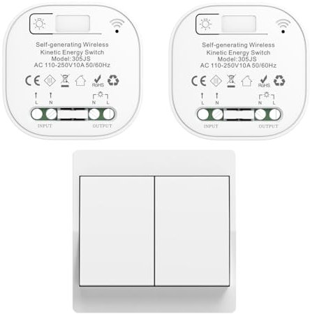 Cerhot Set di interruttori della luce senza fili autoalimentati, telecomando a tasti per interruttore della luce da parete, illuminazione a LED per interni ed esterni, per casa, senza batteria (EU 2
