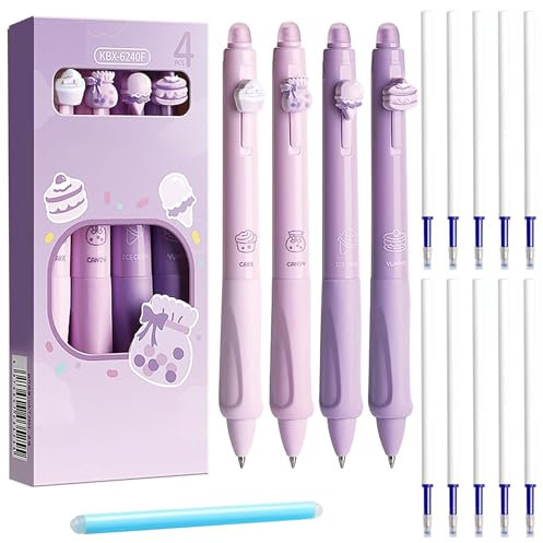 Qaestuan 4 Stück Radierbarer Kugelschreiber, Löschbaren Gelstiften, Radierbare Stifte Set mit 10 Nachfüllungen, 2 Radiergummi, Cartoon Tintenroller, Gelschreiber Blau 0,5 mm, für Schulsachen, Lila