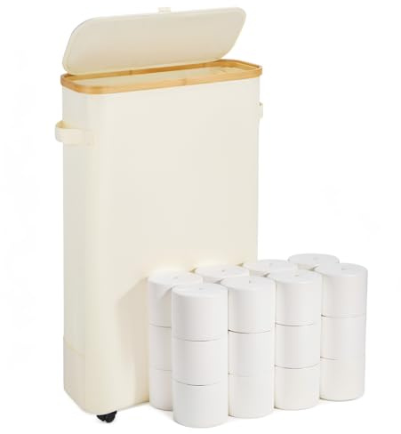 Vicyak 52L XL Toilet Roll Storage, Toilet Paper Organizer Basket 24 Regular Rolls or 18 Mega Rolls, Paper Basket with Lid and Handle, Toilet Paper Holder Basket with Pulley, Beige