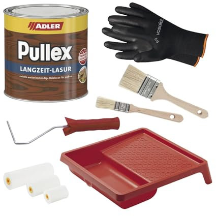 Adler Pullex Langzeit Lasur - Holzlasur Außen Wetterfest - kein Abblättern bei Witterung und Schutz gegen Bläue- und Schimmelbefall - mit 2x Pinsel + Lackroller Set mit Farbwanne, Eiche 750ml