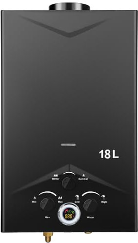 Gas Water Heater 18L Outdoor Instant LPG Water Heater, Tankless Propane Water Eater with Digital Display and Multi-Protection for Camping, Trips, RV, Pet Washing (Black, 18L)