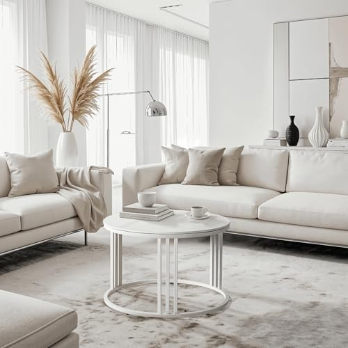 MEBEL ELITE Couchtisch Rund 70 x 45,5 cm – Modern Wohnzimmertisch mit Keramikplatte – Sofatisch Rund Weiß Marmoroptik – Runder Tisch für Wohnzimmer und Büro leicht zu reinigen