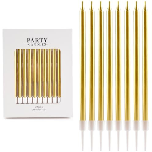 24 Pezzi Candeline Compleanno Oro per Torte - candelina Lunghe Metallizzate con Supporto, Decorazioni per Matrimonio, Baby Shower e Feste