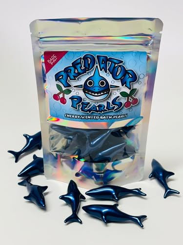 Predator Pearls - 10 x Shark Shaped Bath Pearls. Cherry Oil Infused. Bath Oil Pearls, Bath Beads, Shark Themed Gifts, Cherry Bath Products, 90s Themed Gifts.10 Baths per Bag, resealable Packaging