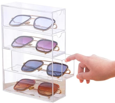 Acryl Brillenorganizer | Klare Sonnenbrillen Aufbewahrung | 4-Etagen Tisch-Vitrine mit Schmuck- & Uhrenbox für Brillensammlung