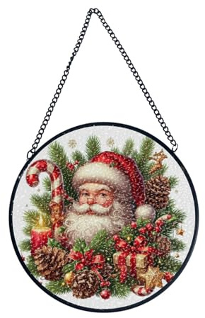 Lebartm Adornos colgantes de vidrieras de una sola cara para colgar en la ventana de entrada, patio, pared y decoración del hogar, Santa Claus||4 pulgadas