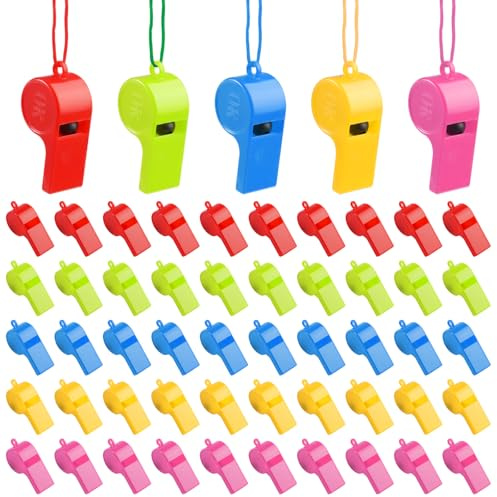 72 Pièces Sifflets en Plastique Colorés, 5 Couleurs Sifflet Colorés pour Enfant Avec Cordon, Sifflets de Sport en Plastique, Sifflet de Sport Avec Cordon, pour Compétitions, Activités Extérieures