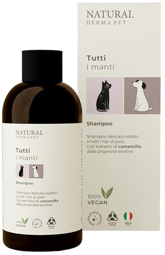 Natural Derma Pet Shampoo Universale Tutti i Manti per Cani e Gatti – Delicato e Lenitivo con Estratto di Camomilla per Pelo Morbido e Lucente – 200 ml – Made in Italy – 100% Vegan