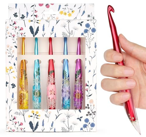 Aeelike Häkelnadel Set Ergonomisch Große Größe, 5 Stück Metall Häkelnadeln Set mit Floralem Harzgriff, 6,0mm/ 7,0mm/ 8,0mm/ 9,0mm/ 10mm Häkelnadel, Häkeln Geschenk für Anfänger, Arthritische Hände | Ergonomisches Häkelnadel-Set mit einzigartigem Griff für selbstgemachte Crfats Blnaket Pullover, ideales schönes Geschenk