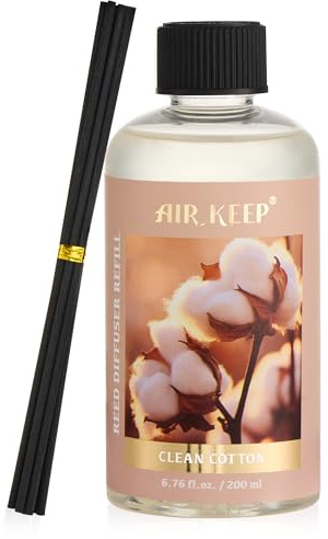 Airkeep Raumduft Nachfüller 200ml mit Duftstäbchen - Clean Cotton Nachfüllflasche für Stäbchen Diffuser - Langanhaltender Lufterfrischer für Zuhause, Bad und Wohnung