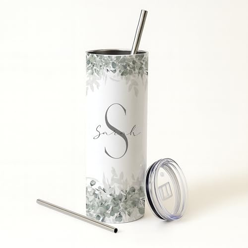 Thermobecher personalisiert 20 oz – Edelstahl Kaffeebecher to go mit Strohhalm, Doppelwandig, Geschenk für Frauen, Männer Beste Freundin, Kollegin, Personalisierter Becher 570 ml (Eukalyptus Name)
