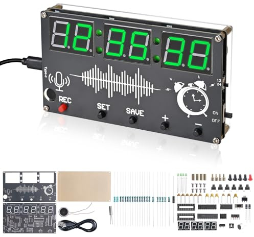 BANRIA Kit di saldatura fai da te, sveglia digitale con display LED da 0,8, 6 cifre, 3 allarmi indipendenti, display 12/24 ore, funzione calendario, alimentazione con interruttore di alimentazione