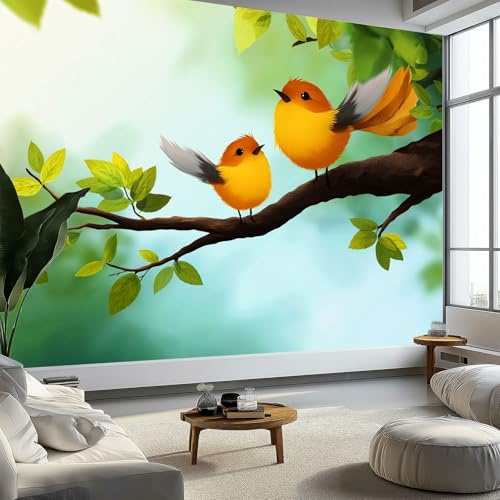 Carta da parati fotografica con immagine di uccelli con rami di cartone animato, 250 x 175 cm, sfondo per TV, sfondo verde chiaro, in tessuto non tessuto, decorazione per soggiorno, camera da letto